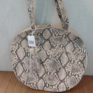 NWT Snake Print Round Tote Circle Shoulder Bag Purse Tan Black Animal